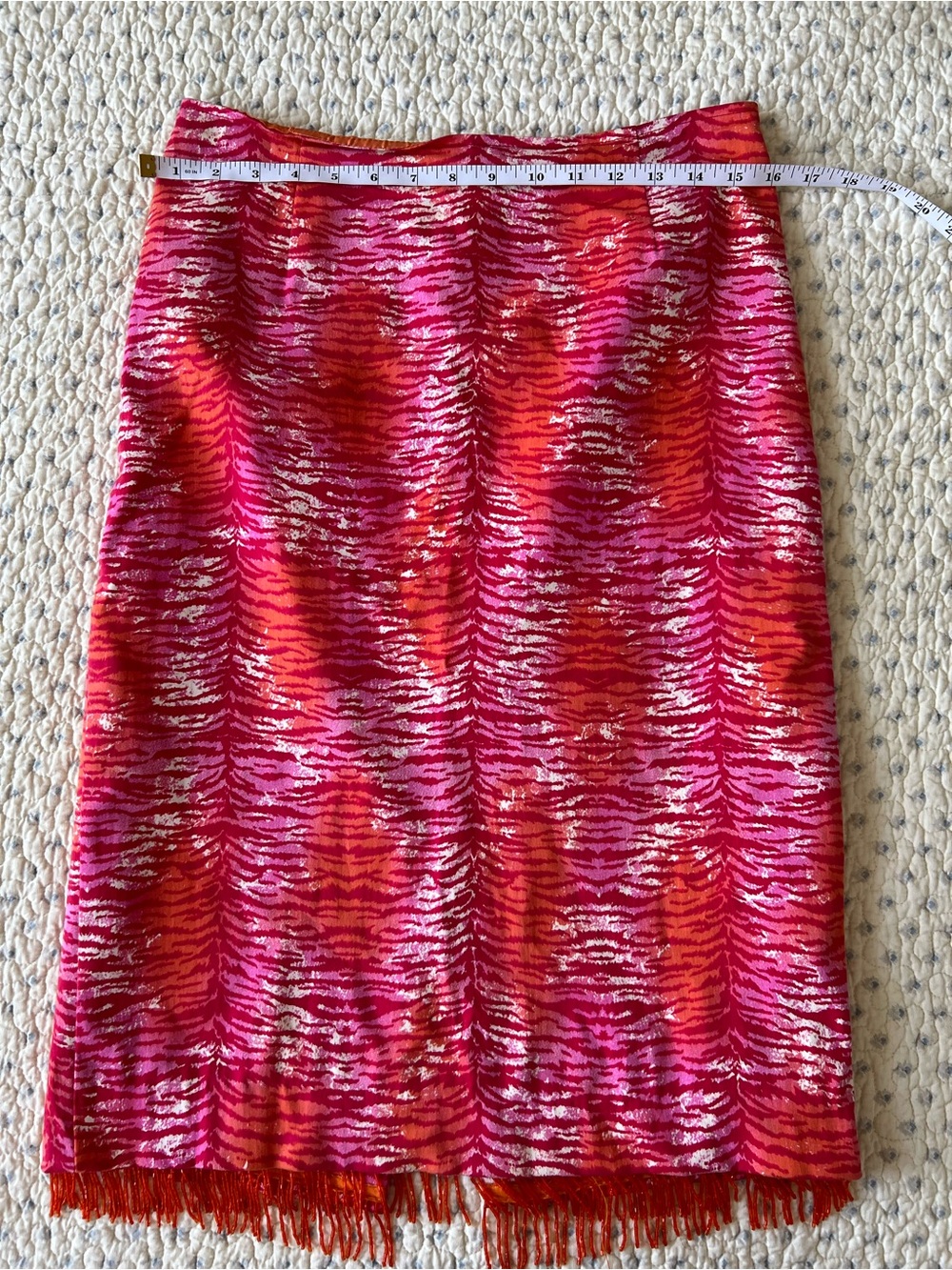 Bliss Pink and Red Patterned Fringe Pencil Skirt Size 8 - Picture 2 of 7
